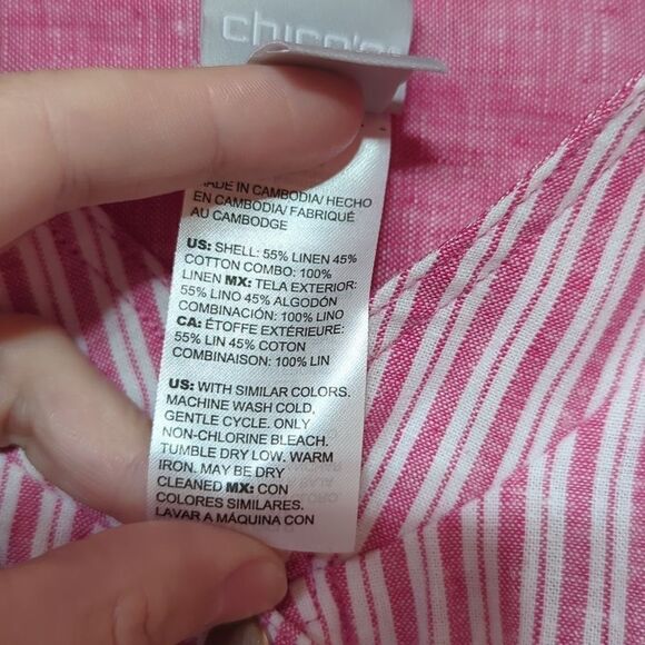 Chico’s Reversible Pink Railroad Striped To Solid Linen Jacket sz 1 Medium - Picture 10 of 10